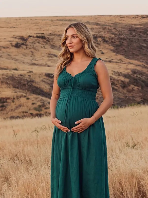 Dark Green Maternity Dress, Cotton Blend Maxi Pregnancy Dress for Outdoor Maternity Photoshoot, Fall Baby Shower | Bumplook
