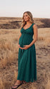 Dark Green Maternity Dress, Cotton Blend Maxi Pregnancy Dress for Outdoor Maternity Photoshoot, Fall Baby Shower | Bumplook