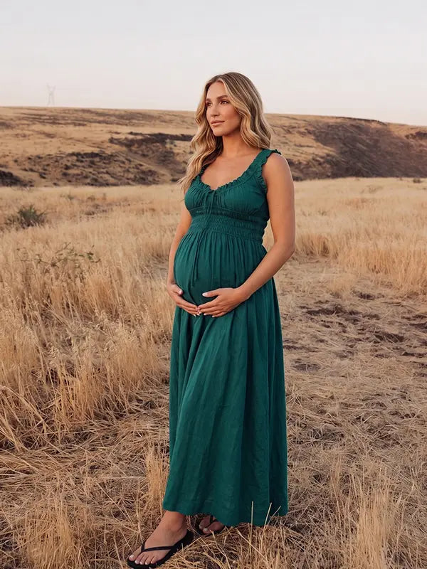 Dark Green Maternity Dress, Cotton Blend Maxi Pregnancy Dress for Outdoor Maternity Photoshoot, Fall Baby Shower | Bumplook