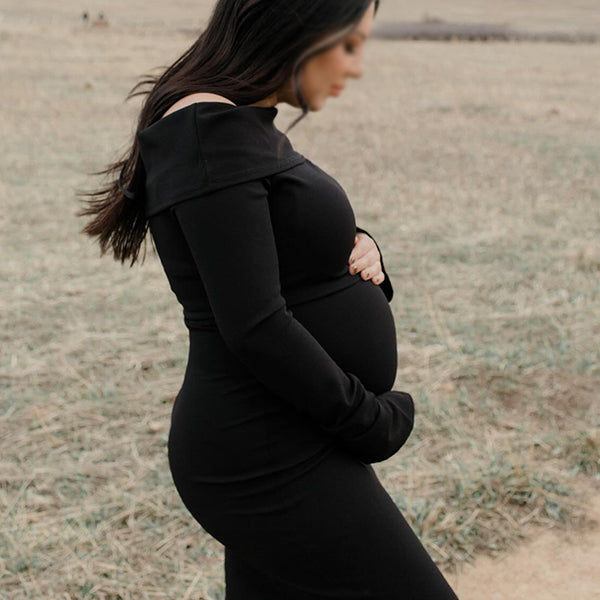 Chic- Knitting Off Shoulder Bodycon Long Sleeve Maternity Sweater Maxi Dress