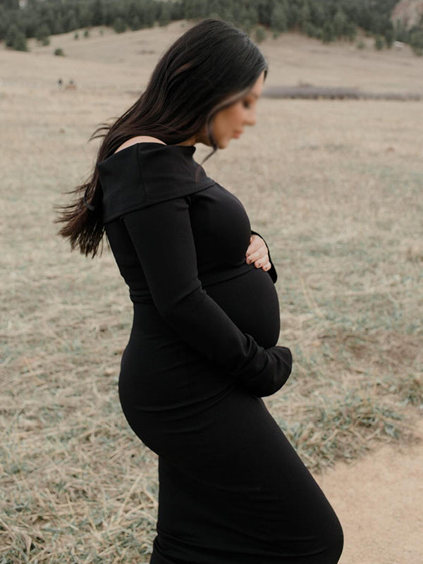 Chic- Knitting Off Shoulder Bodycon Long Sleeve Maternity Sweater Maxi Dress