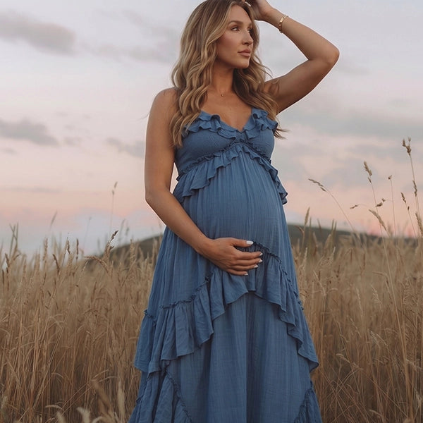 Boho Ruffle Maternity Maxi Dress for Outdoor Celebration | Bumplook