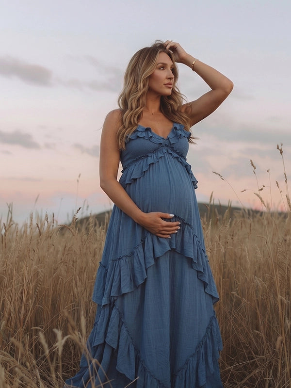 Boho Ruffle Maternity Maxi Dress for Outdoor Celebration | Bumplook
