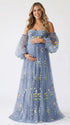 Dusty Blue Floral Maternity Dress, Embroidered Tulle Baby Shower Dress for Maternity Photoshoot, Gender Reveal, Pregnancy Announcement and Formal Events | Bumplook