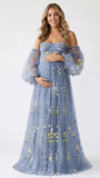 Dusty Blue Floral Maternity Dress, Embroidered Tulle Baby Shower Dress for Maternity Photoshoot, Gender Reveal, Pregnancy Announcement and Formal Events | Bumplook