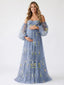Dusty Blue Floral Embroidered Tulle Maternity Maxi Dress