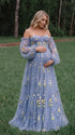 Dusty Blue Floral Maternity Dress, Embroidered Tulle Baby Shower Dress for Maternity Photoshoot, Gender Reveal, Pregnancy Announcement and Formal Events | Bumplook