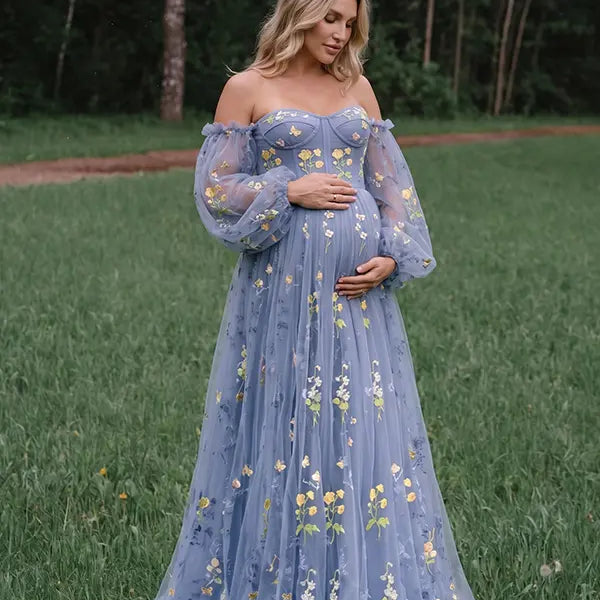 Dusty Blue Floral Maternity Dress, Embroidered Tulle Baby Shower Dress for Maternity Photoshoot, Gender Reveal, Pregnancy Announcement and Formal Events | Bumplook