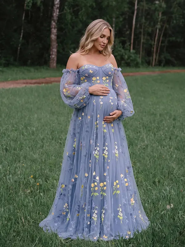 Dusty Blue Floral Maternity Dress, Embroidered Tulle Baby Shower Dress for Maternity Photoshoot, Gender Reveal, Pregnancy Announcement and Formal Events | Bumplook
