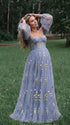 Dusty Blue Floral Embroidered Tulle Maternity Dress with Corset Inspired Sweetheart Bodice and Wildflower Detail | Bumplook