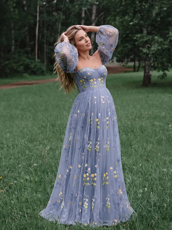 Dusty Blue Floral Embroidered Tulle Maternity Dress with Corset Inspired Sweetheart Bodice and Wildflower Detail | Bumplook