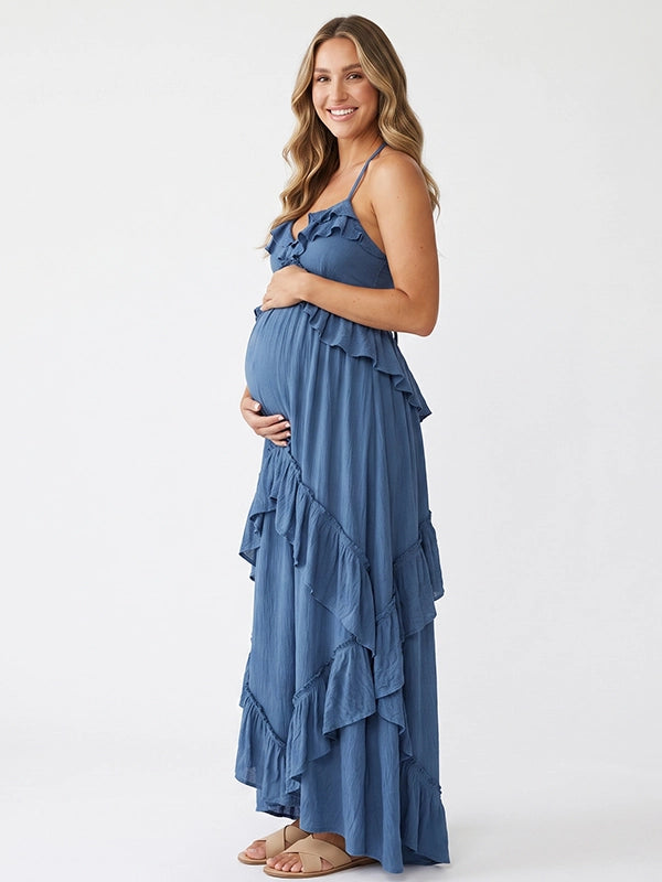 Dusty Blue Tie Back Maternity Maxi Dress | Bumplook
