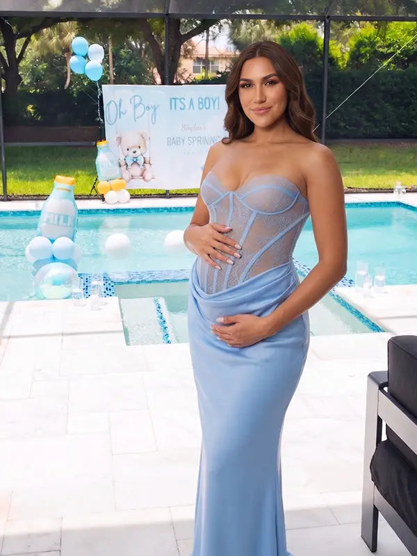 Dusty Blue Lace Corset Maternity Dress, Satin Pregnancy Photoshoot Gown for Baby Shower, Maternity Photoshoot, Gender Reveal, Pregnancy Announcement, Wedding Guest, Bridal Shower, Formal Events | Bumplook