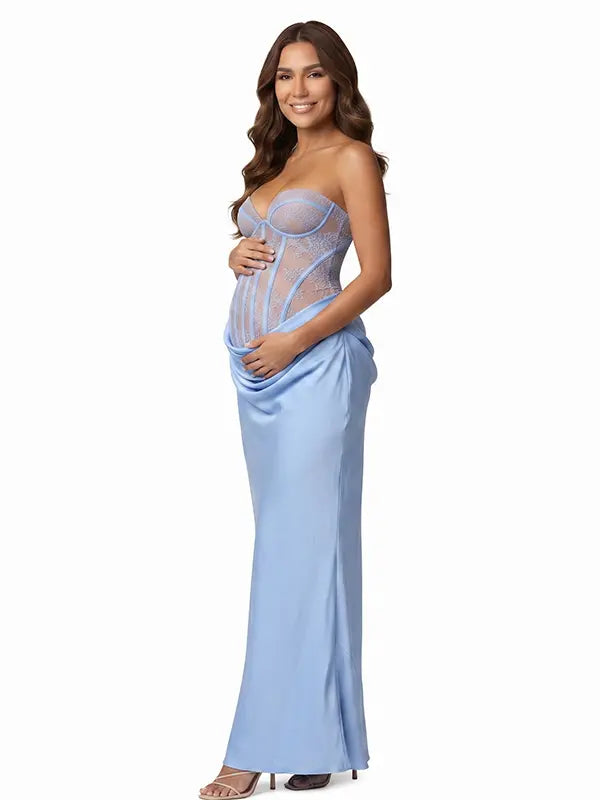 Dusty Blue Lace Corset Maternity Dress, Satin Pregnancy Photoshoot Gown for Baby Shower, Maternity Photoshoot, Gender Reveal, Pregnancy Announcement, Wedding Guest, Bridal Shower, Formal Events | Bumplook
