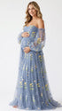 Blue Floral Maternity Photoshoot Dress with Sweetheart Neckline and Sheer Off Shoulder Puff Sleeves for Baby Shower and Pregnancy Portraits | Bumplook