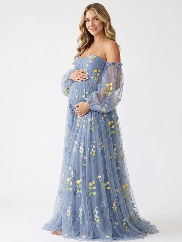 Blue Floral Maternity Photoshoot Dress with Sweetheart Neckline and Sheer Off Shoulder Puff Sleeves for Baby Shower and Pregnancy Portraits | Bumplook