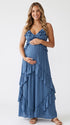 Dusty Blue Halter Maternity Dress with Cascading Ruffles | Bumplook