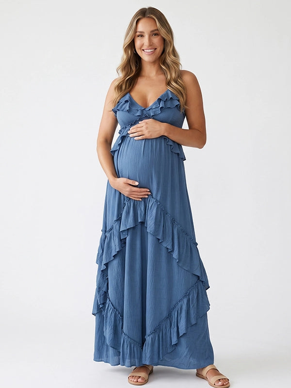 Dusty Blue Halter Maternity Dress with Cascading Ruffles | Bumplook