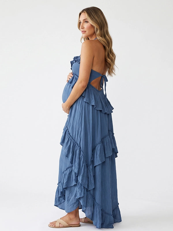 Dusty Blue Ruffle Maternity Maxi Dress | Bumplook