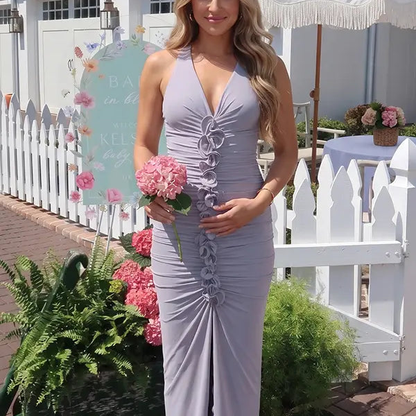 dusty gray halter maternity dress with 3d floral detail and ruched silhouette for baby shower