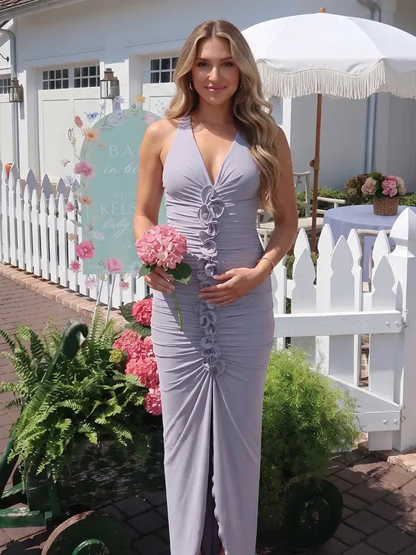 dusty gray halter maternity dress with 3d floral detail and ruched silhouette for baby shower