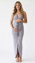 dusty gray halter maternity dress with 3d floral detail and ruched silhouette for baby shower
