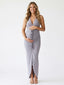 Dusty Gray Halter Maternity Dress – Ruched Pregnancy Gown with 3D Flower Detail