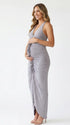dusty gray halter maternity dress with 3d floral detail and ruched silhouette for baby shower