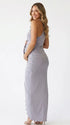 dusty gray halter maternity dress with 3d floral detail and ruched silhouette for baby shower