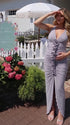 dusty gray halter maternity dress with 3d floral detail and ruched silhouette for baby shower