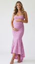 dusty lilac jacquard maternity midi dress with corset bodice and high low hem