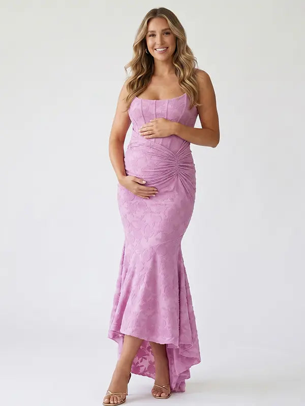 dusty lilac jacquard maternity midi dress with corset bodice and high low hem