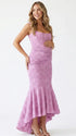dusty lilac jacquard maternity midi dress with corset bodice and high low hem