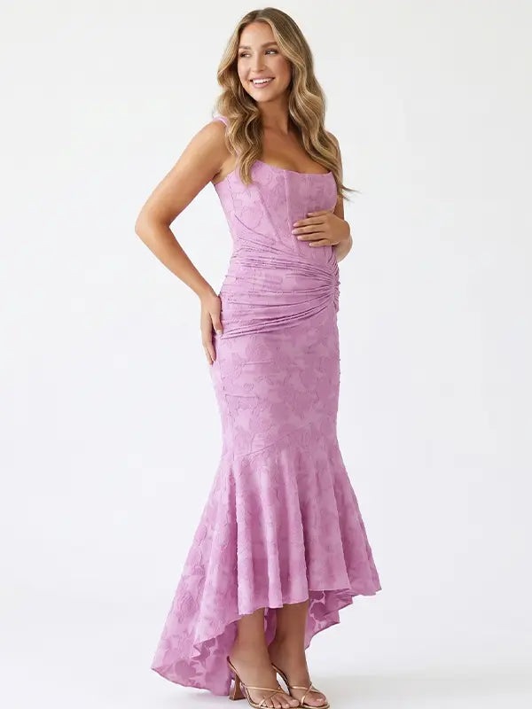 dusty lilac jacquard maternity midi dress with corset bodice and high low hem