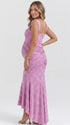 dusty lilac jacquard maternity midi dress with corset bodice and high low hem