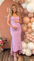 dusty lilac jacquard maternity midi dress with corset bodice and high low hem