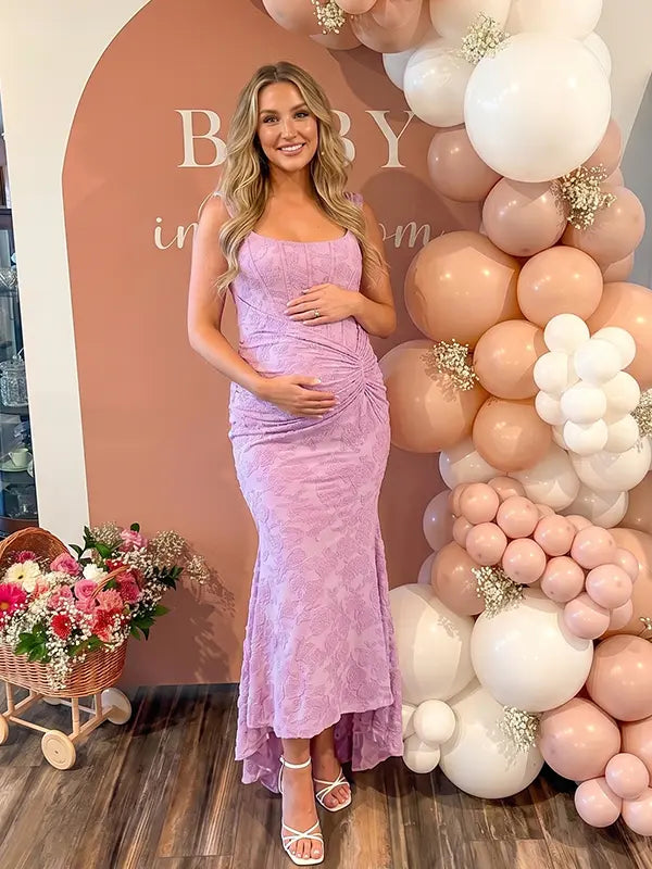 dusty lilac jacquard maternity midi dress with corset bodice and high low hem