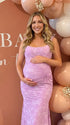 dusty lilac jacquard maternity midi dress with corset bodice and high low hem