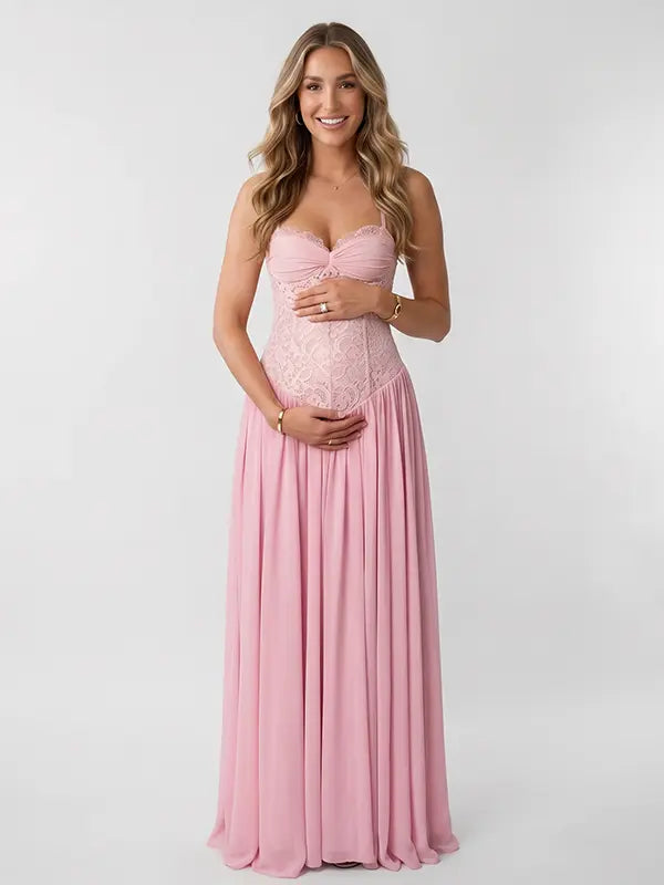 Dusty Pink Maternity Dress, Lace Pregnancy Maxi Dress for Baby Shower, Maternity Photoshoot, Gender Reveal, Pregnancy Announcement, Bridal Shower, Formal Events | Bumplook