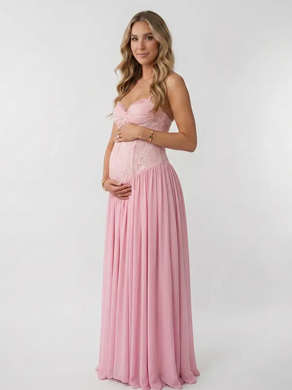 Dusty Pink Maternity Dress, Lace Pregnancy Maxi Dress for Baby Shower, Maternity Photoshoot, Gender Reveal, Pregnancy Announcement, Bridal Shower, Formal Events | Bumplook