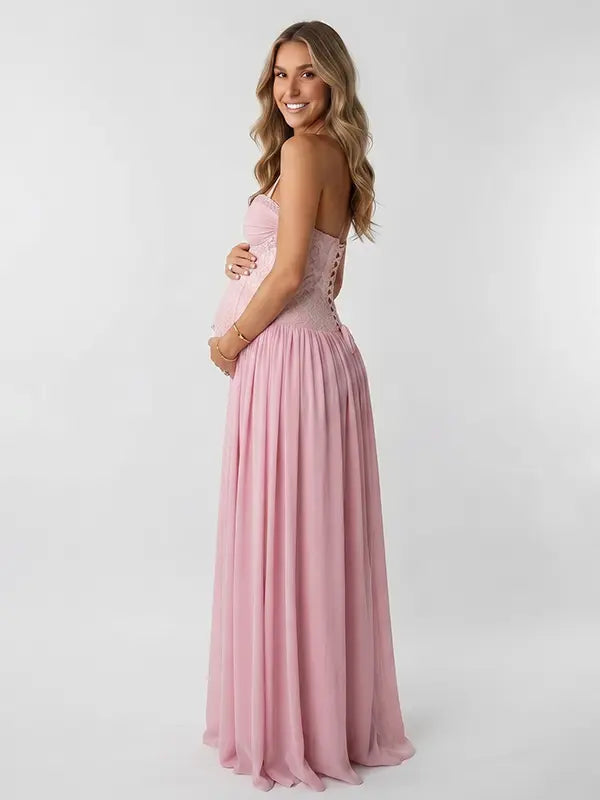 Dusty Pink Maternity Dress, Lace Pregnancy Maxi Dress for Baby Shower, Maternity Photoshoot, Gender Reveal, Pregnancy Announcement, Bridal Shower, Formal Events | Bumplook