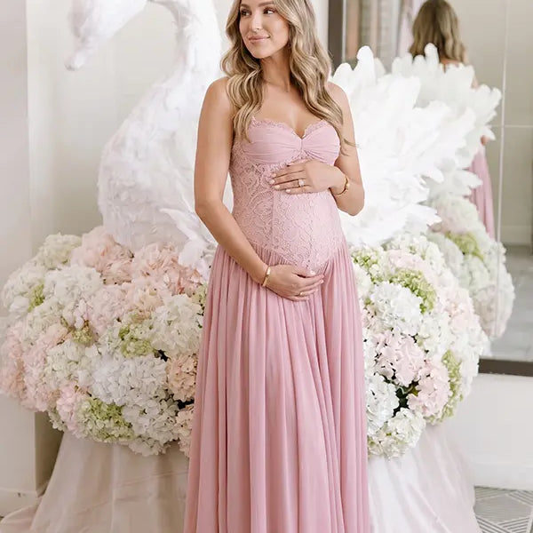 Dusty Pink Maternity Dress, Lace Pregnancy Maxi Dress for Baby Shower, Maternity Photoshoot, Gender Reveal, Pregnancy Announcement, Bridal Shower, Formal Events | Bumplook