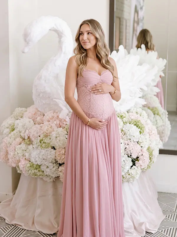 Dusty Pink Maternity Dress, Lace Pregnancy Maxi Dress for Baby Shower, Maternity Photoshoot, Gender Reveal, Pregnancy Announcement, Bridal Shower, Formal Events | Bumplook