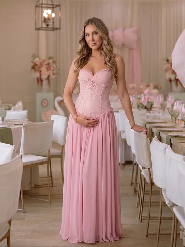Dusty Pink Maternity Dress, Lace Pregnancy Maxi Dress for Baby Shower, Maternity Photoshoot, Gender Reveal, Pregnancy Announcement, Bridal Shower, Formal Events | Bumplook