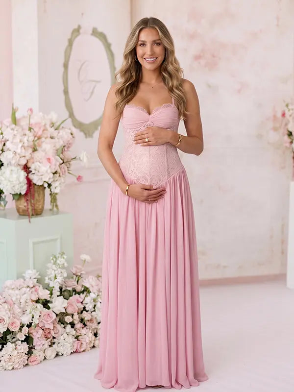 Dusty Pink Maternity Dress, Lace Pregnancy Maxi Dress for Baby Shower, Maternity Photoshoot, Gender Reveal, Pregnancy Announcement, Bridal Shower, Formal Events | Bumplook