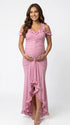 Dusty pink ruffle halter maternity maxi dress with flattering ruching and high-low hem for baby shower photoshoot