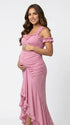 Dusty pink ruffle halter maternity maxi dress with flattering ruching and high-low hem for baby shower photoshoot