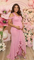 Dusty pink ruffle halter maternity maxi dress with flattering ruching and high-low hem for baby shower photoshoot
