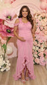 Dusty pink ruffle halter maternity maxi dress with flattering ruching and high-low hem for baby shower photoshoot
