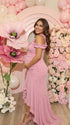 Dusty pink ruffle halter maternity maxi dress with flattering ruching and high-low hem for baby shower photoshoot